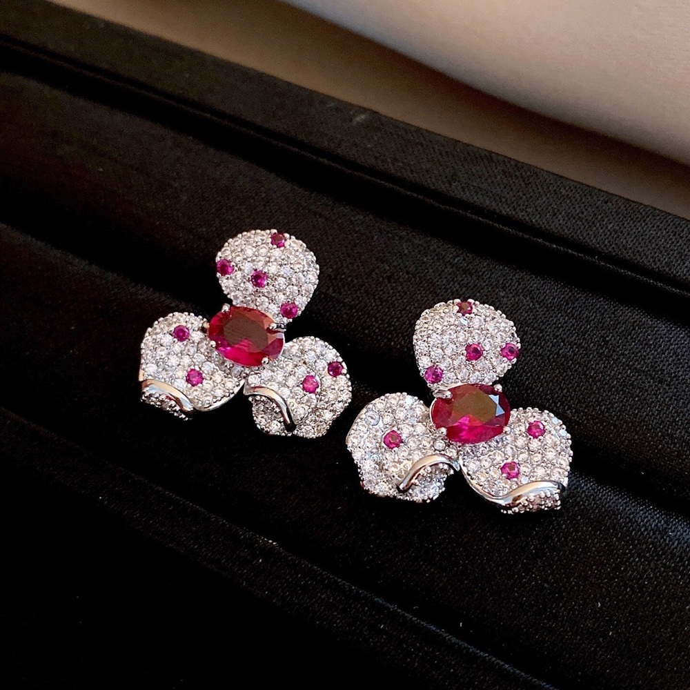 Silver Tone Pink Crystal Floral Stud Earrings